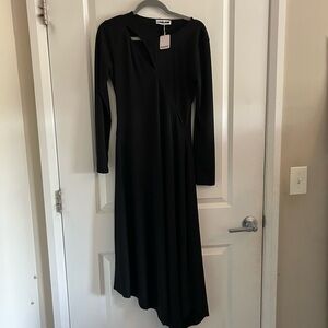 Asymmetric Black Long-Sleeve Midi Dress by LAAGAM